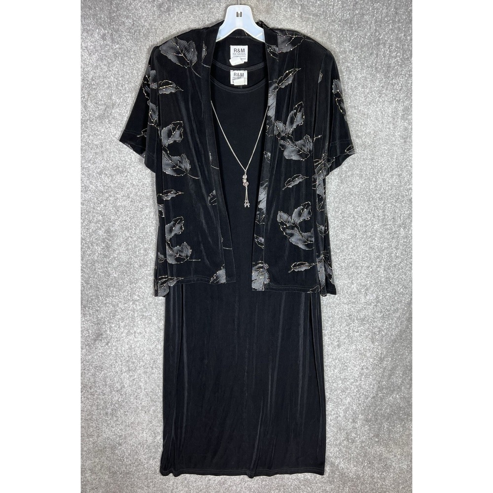 R&M Richards Petite Dress & Cardigan Womens Size 18WP Black‎ Gold Metallic Leaf